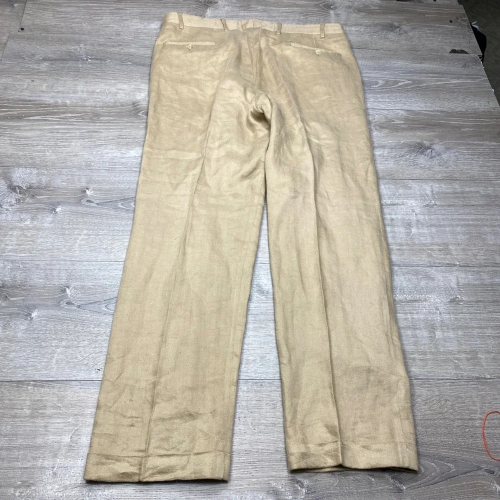 Hart Schaffner Marx Dress Pants Mens 36 Tan Linen Herringbone Made in Italy